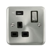 SE HOME Curved Satin Chrome 1 Gang 13A DP Ingot 1 USB Switched Plug Socket Black | Satin Chrome
