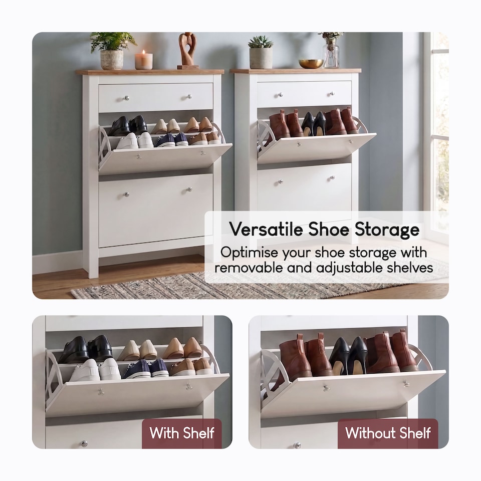 image 1 of Vida Designs Arlington 2 Door 1 Drawer Shoe Cabinet Shoe Rack Storage Cupboard, White & Oak | White | White | 1