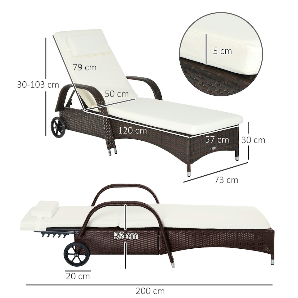 image 1 of Outsunny Adjustable Wicker Rattan Sun Lounger Recliner Chair Brown