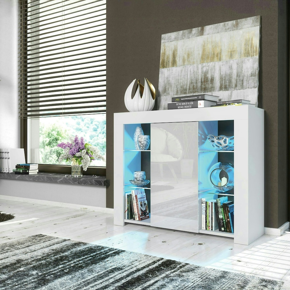 image 1 of Sideboard 97.5cm White Gloss Door White Matt Body Glass Shelves Free LED White