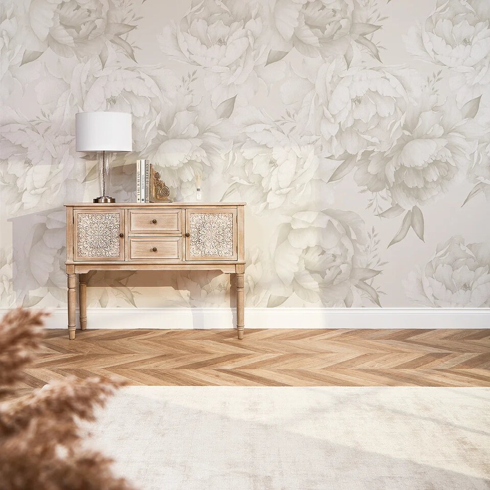 image 1 of Vintage Peony Full Wall Mural in Cool Neutrals | Cream | Cream | Large (300cm x 240cm)