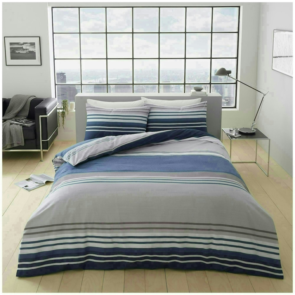 image 1 of VELVETIO Moxie Stripe Duvet Cover Set Reversible Polycotton Easy Care Beddings Blue | Single
