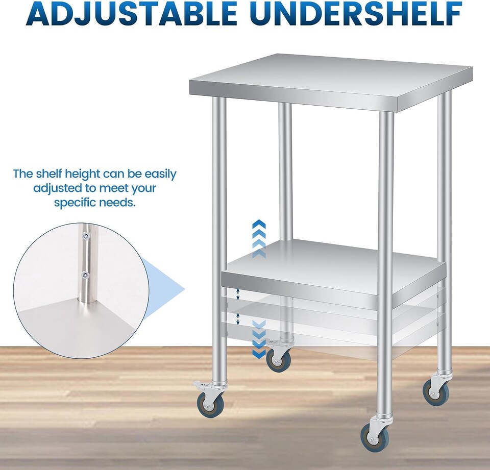 image 1 of London Boutique Commercial Stainless Steel Work Table with Adjustable Undershelf and Wheels, Silver, 24 x 24 x 35 in