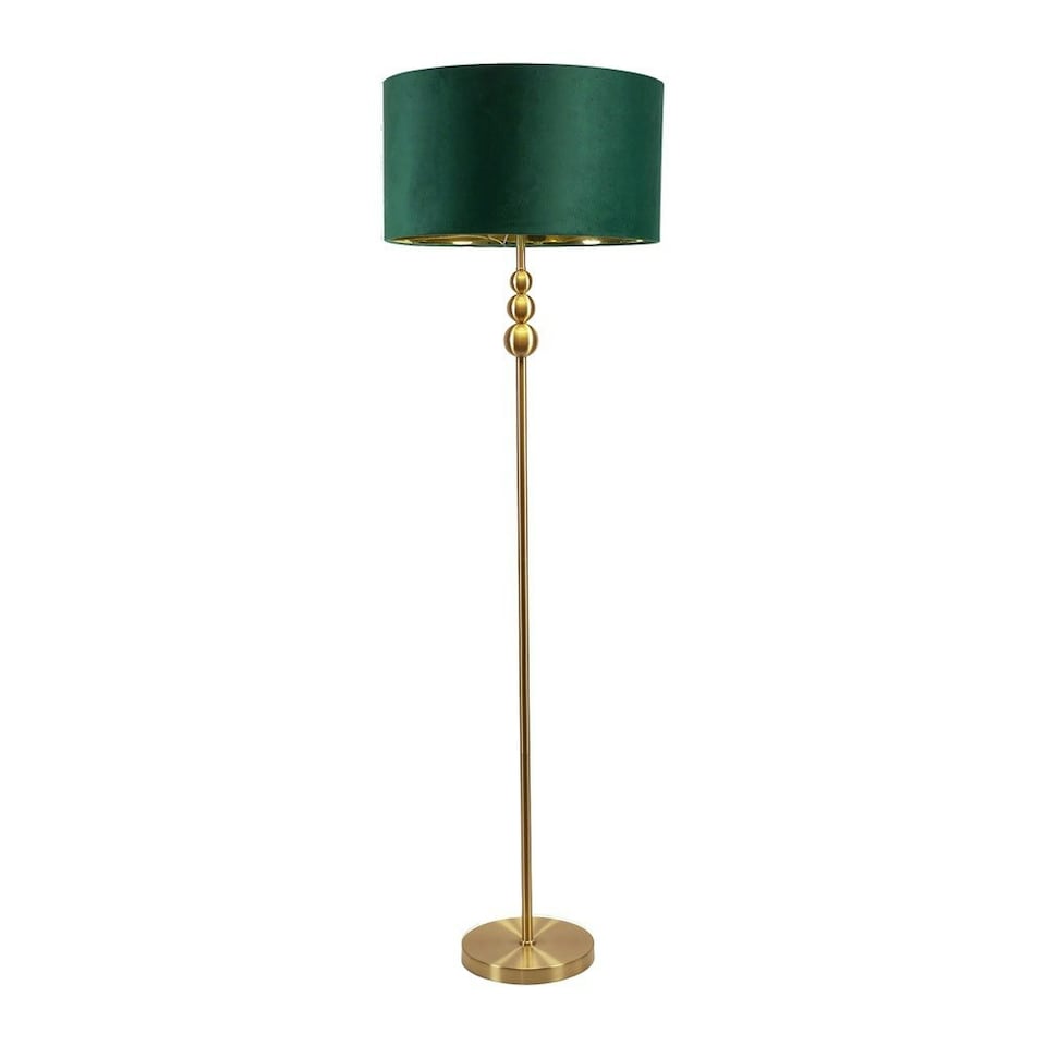 image 1 of ValueLights Marissa Gold Stacked Ball Floor Lamp with Forest Green Velvet with Gold Inner Shade and LED Bulb