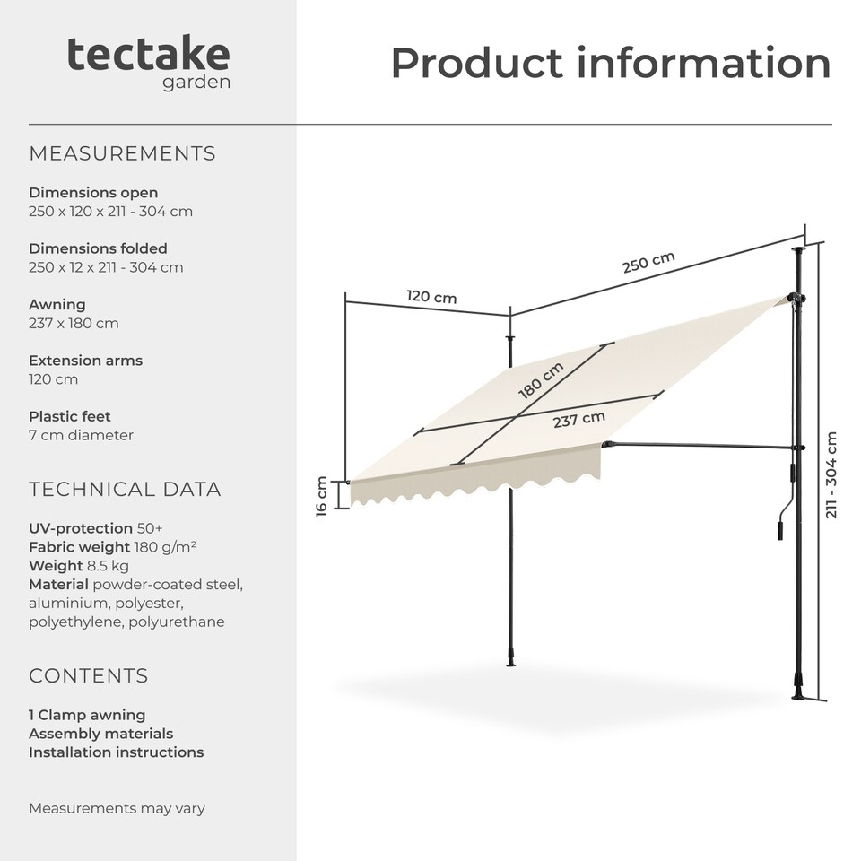 image 1 of Awning with hand crank - pressure fitted , height adjustable | Cream | beige | 250 x 180 cm | 1