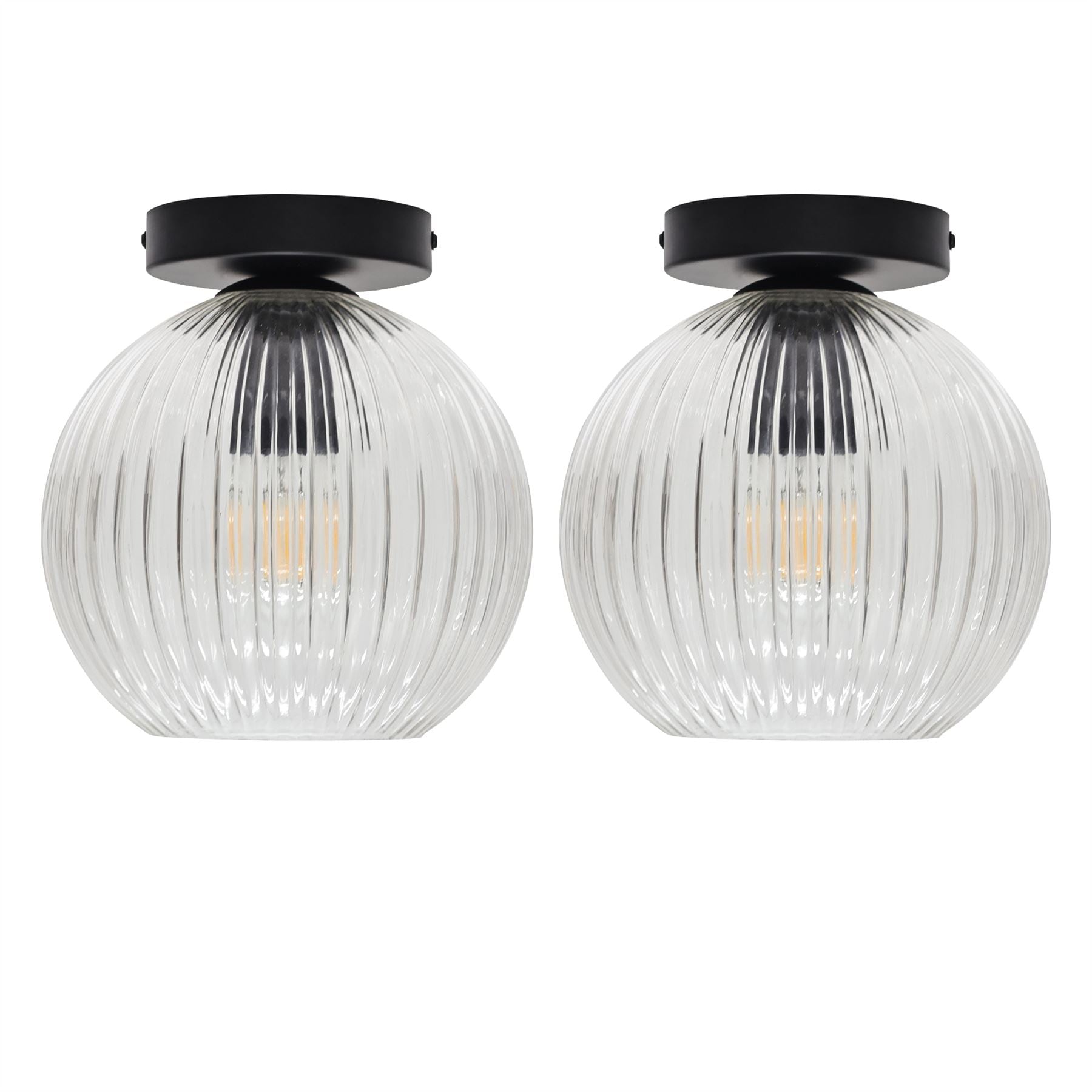 First Choice Lighting Set of 2 Betchley - Clear Ribbed Glass Globe Black Ceiling Lights