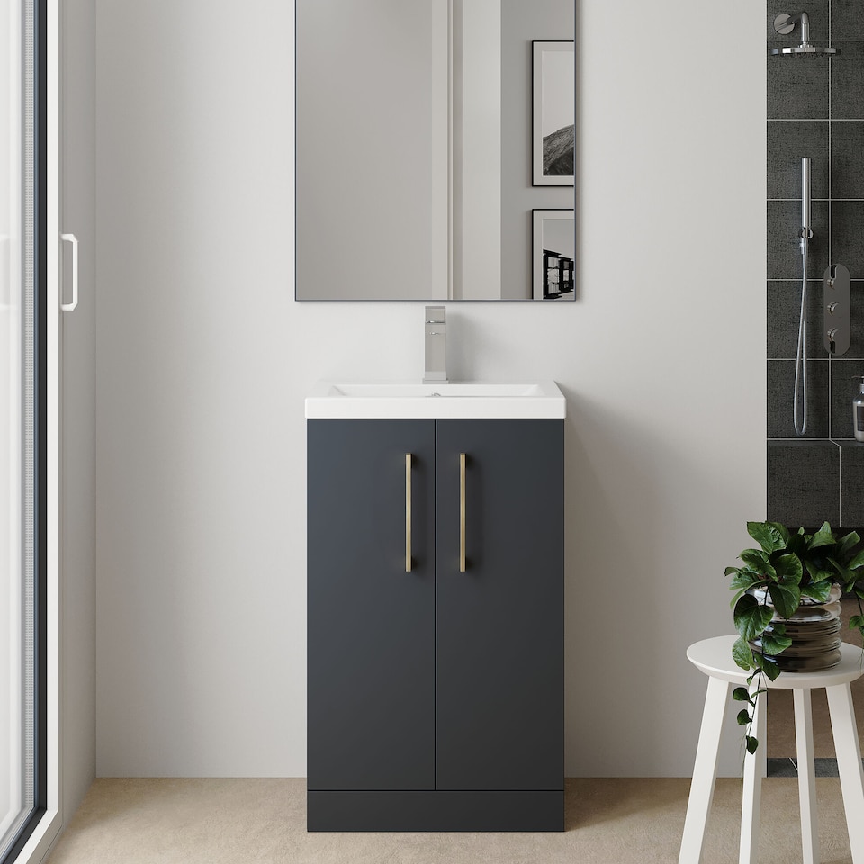 image 1 of Balterley Level Compact Bathroom Cloakroom Vanity Basin Unit with Polymarble Basin, Handles | Black | Satin Soft Black | 840 x 605 x 360mm