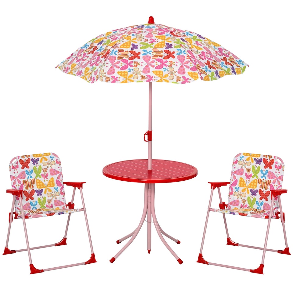 image 1 of Outsunny Kids Folding Picnic Table Chair Set Butterfly Pattern Outdoor Parasol