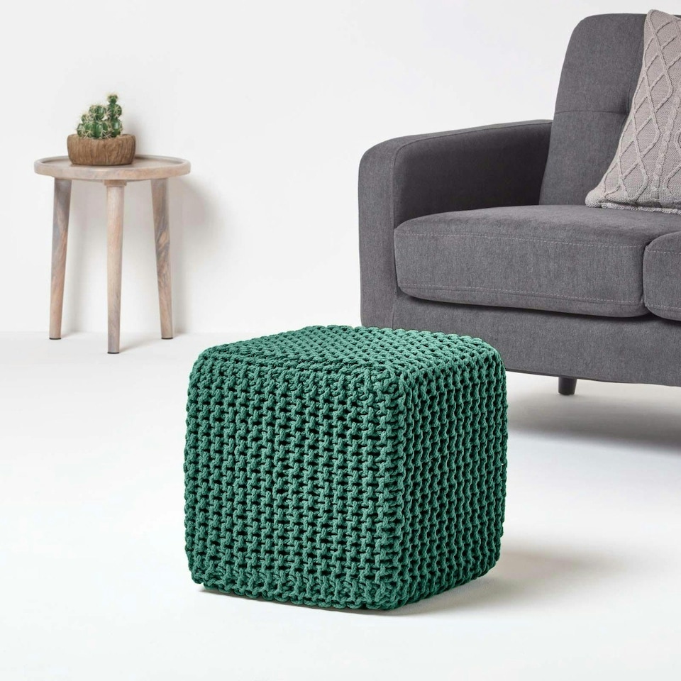 image 1 of Homescapes Forest Green Cube Cotton Knitted Pouffe Footstool