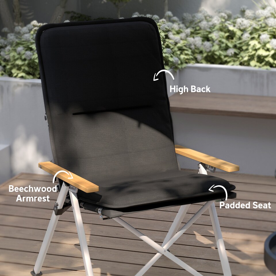 image 1 of Outsunny Padded Camp Chair Outdoor High Back Folding Recliner with Bag Black