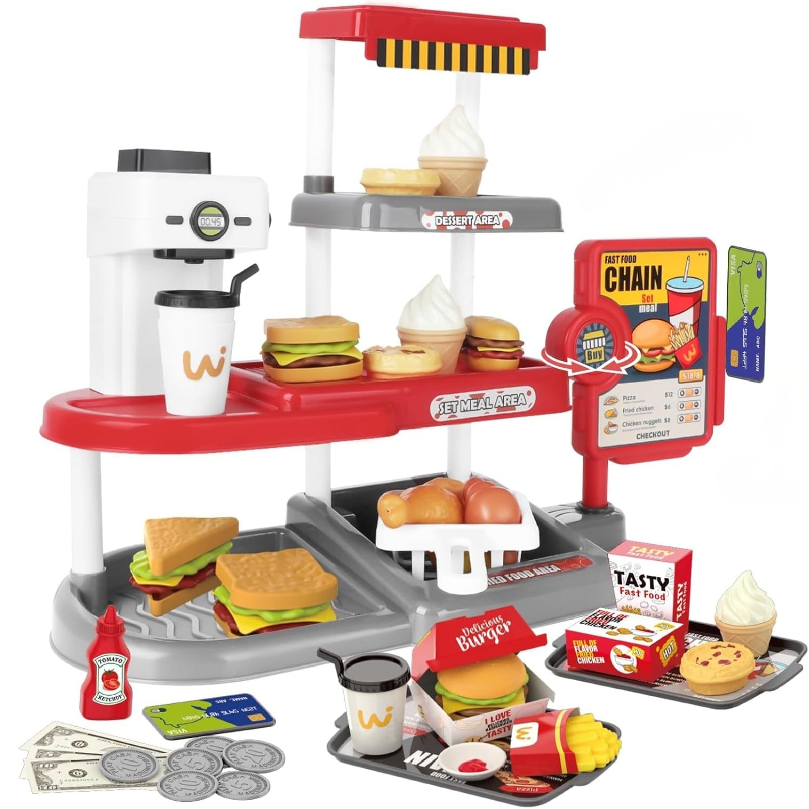 71PCS Kids Fast Food Playset – Pretend Kitchen Toy Set with Cash Register, Drink Dispenser & Food Accessories