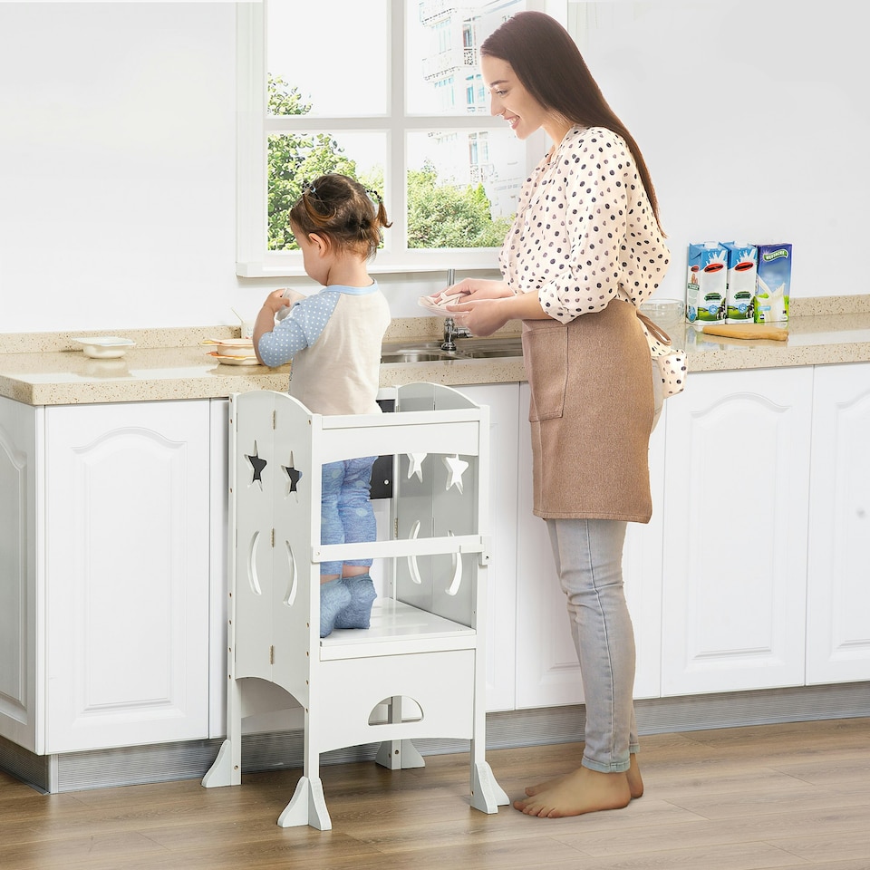 image 1 of HOMCOM Kids Step Stool Toddler Kitchen Stool with Blackboard Lockable Handrail