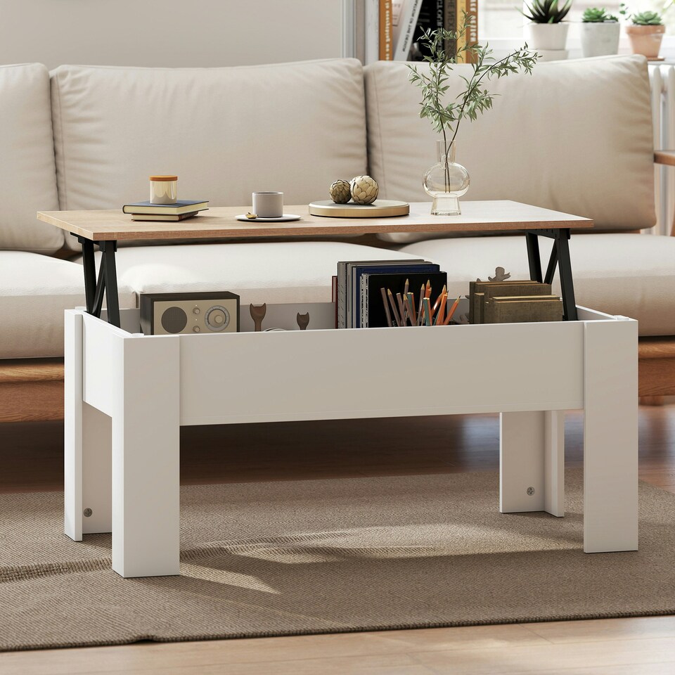 image 1 of HOMCOM Lift Top Coffee Table w/Storage Compartment, Living Room Center Table White