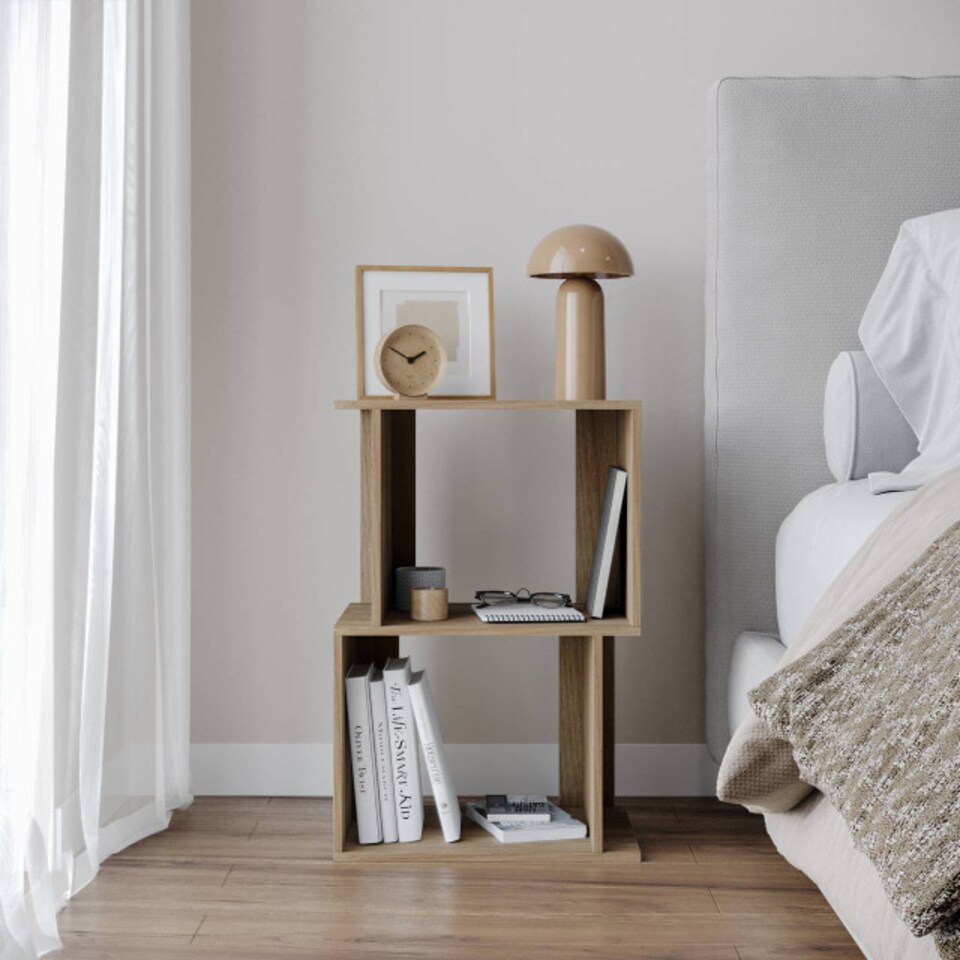 image 1 of URBNLIVING 2 Tier Offset Bookcase Storage Shelving Unit | Brown | Oak | 40cm Width | 1