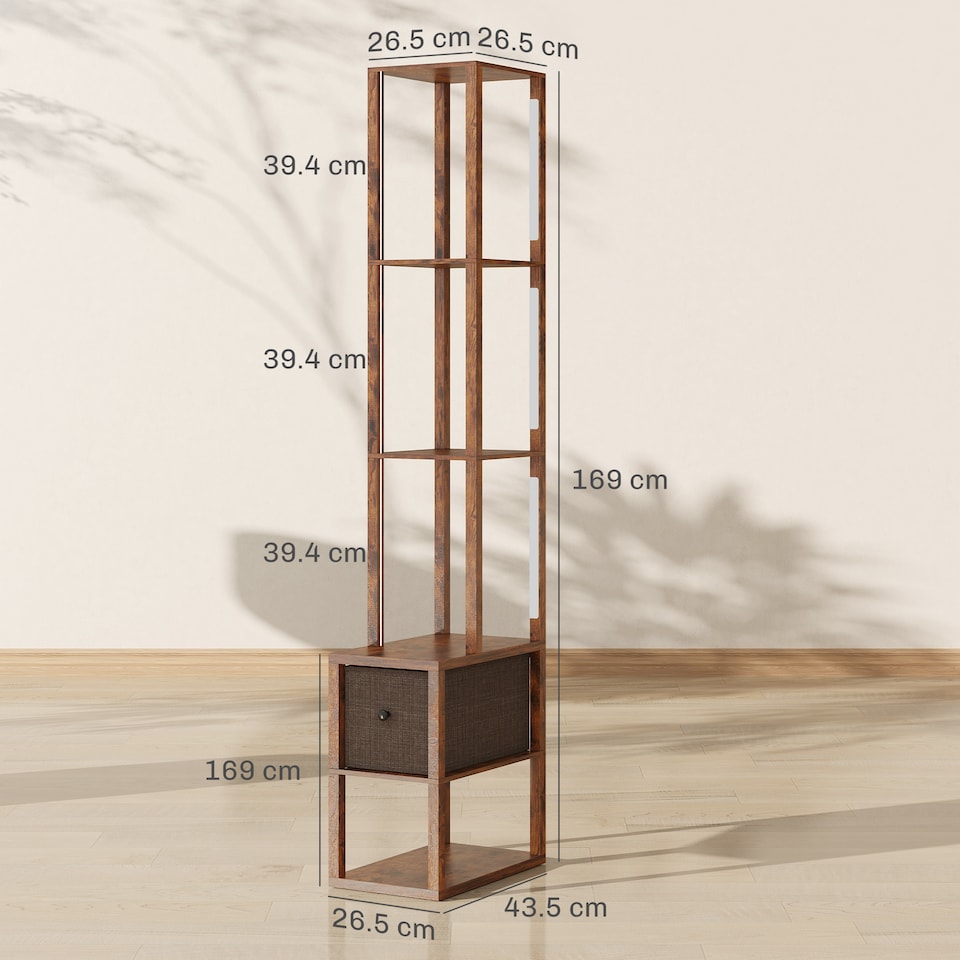 image 1 of HOMCOM Floor Lamp with Shelves, LED Column Modern Standing Lamp with Fabric Drawer, Adjustable Brightness, Foot Switch for Living Room, Bedroom, Office, Rustic Brown | Brown