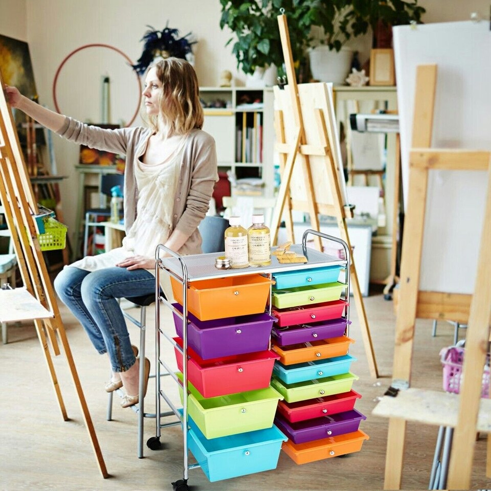 image 1 of COSTWAY 15 Drawers Storage Trolley Rolling Utility Cart Multi-color