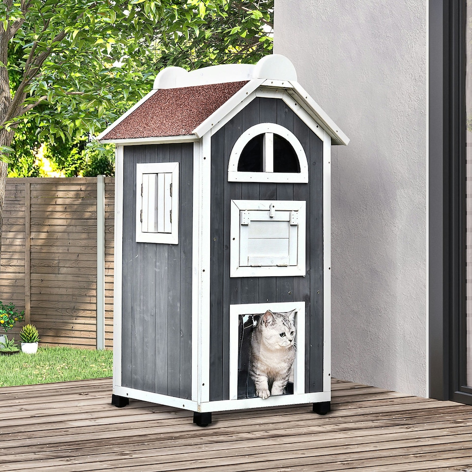 image 1 of PawHut Wooden Cat House Condos Cat Cave 2 Floor Pet Shelter Outdoor Furniture