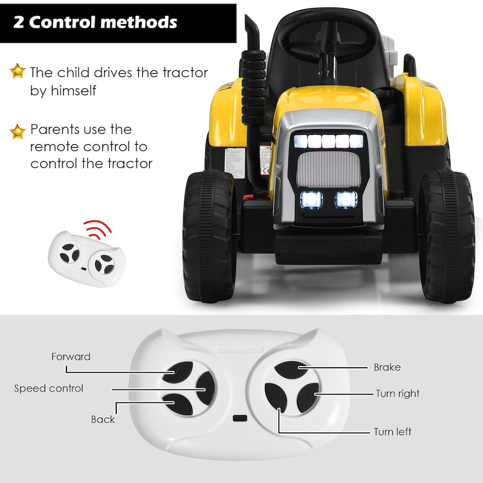 image 1 of COSTWAY 12V Kids Ride On Tractor with Trailer Music Yellow