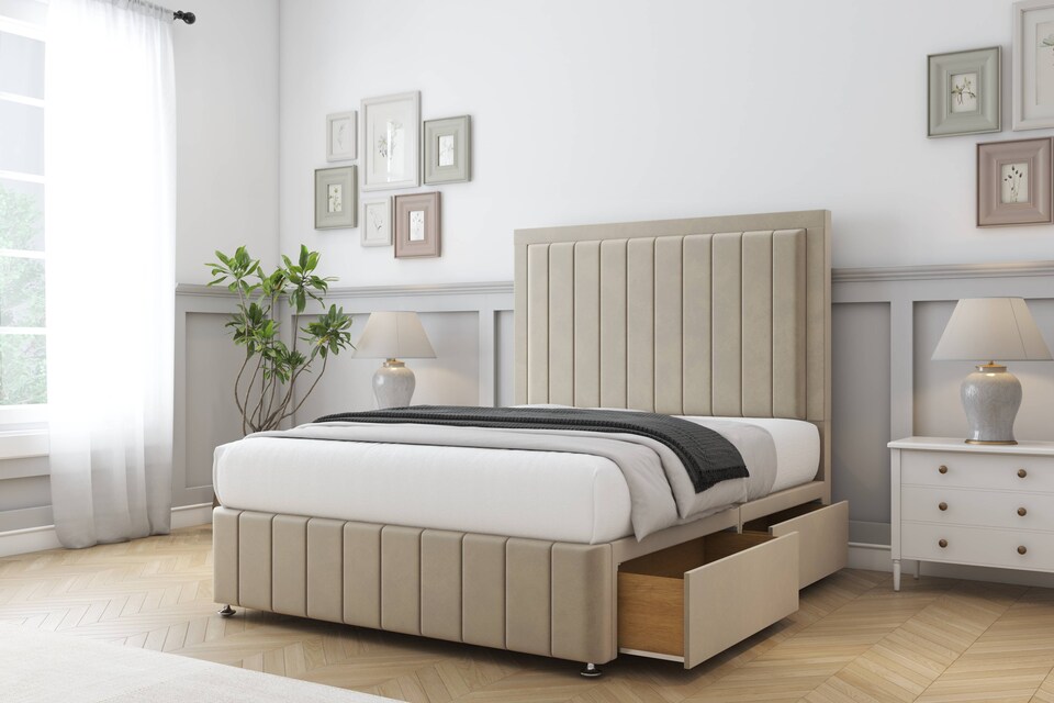 image 1 of Sloomy Pemberton Almond Coniston Divan Bed With Mattress 2 Drawers Footend With 26" Strutted Headboard & 12" Matching Footboard 5' King | Cream | Almond | King | 1