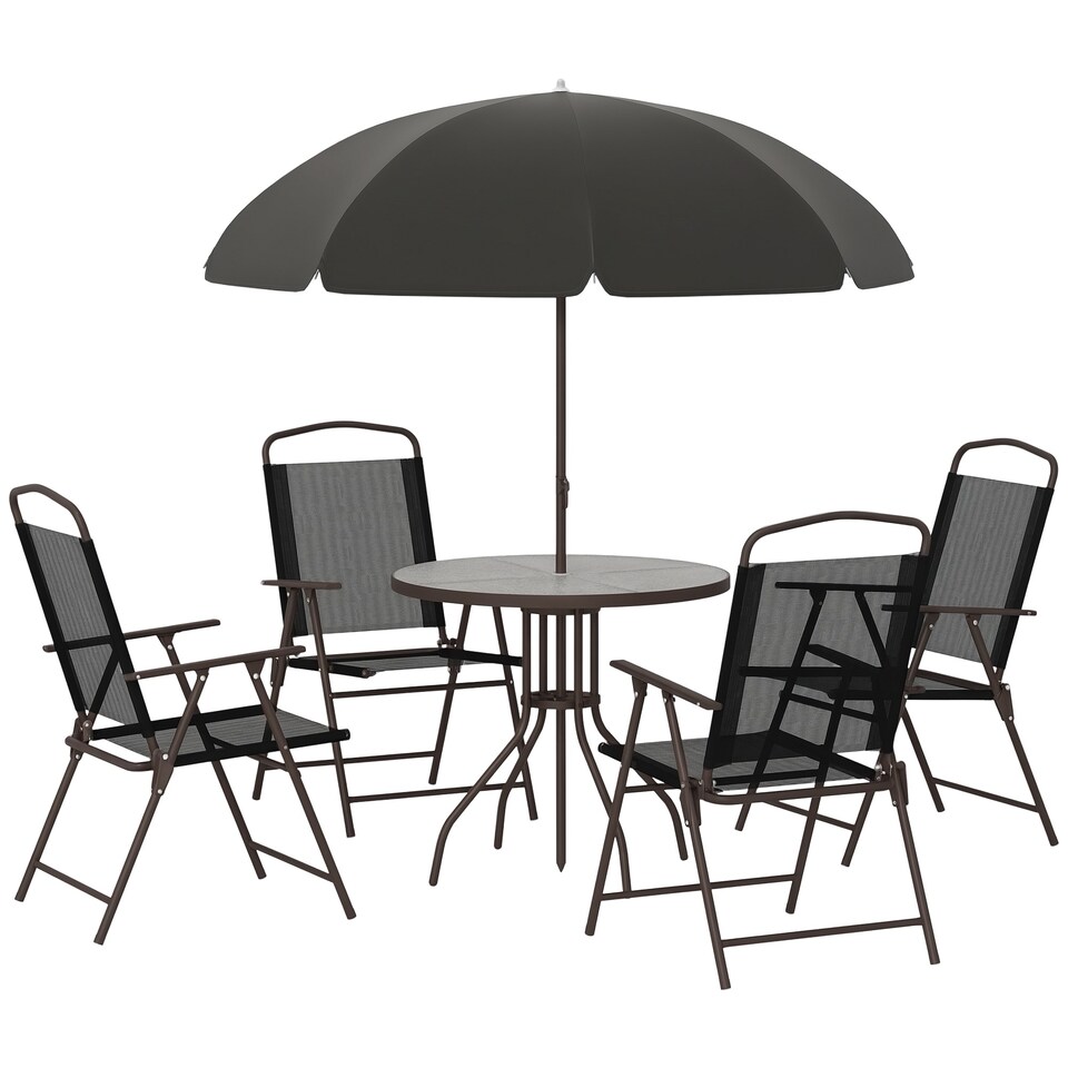 image 1 of Outsunny 6 Piece Garden Dining Set with Umbrella, Patio Sets with Parasol with 4 Folding Dining Chairs & Round Tempered Glass Table, Black