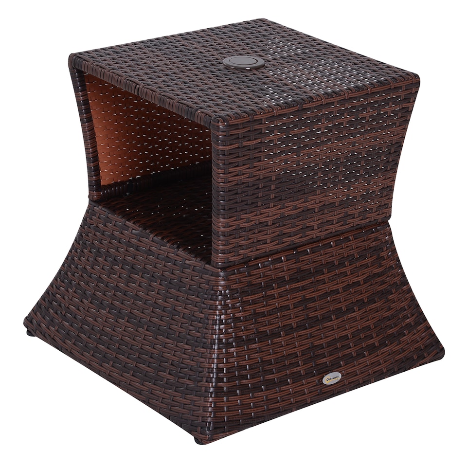image 1 of Outsunny Rattan Outdoor Coffee Table, Wicker Garden Patio Bistro Side Table with Umbrella Hole and Storage Space for Balcony, Porch, Brown