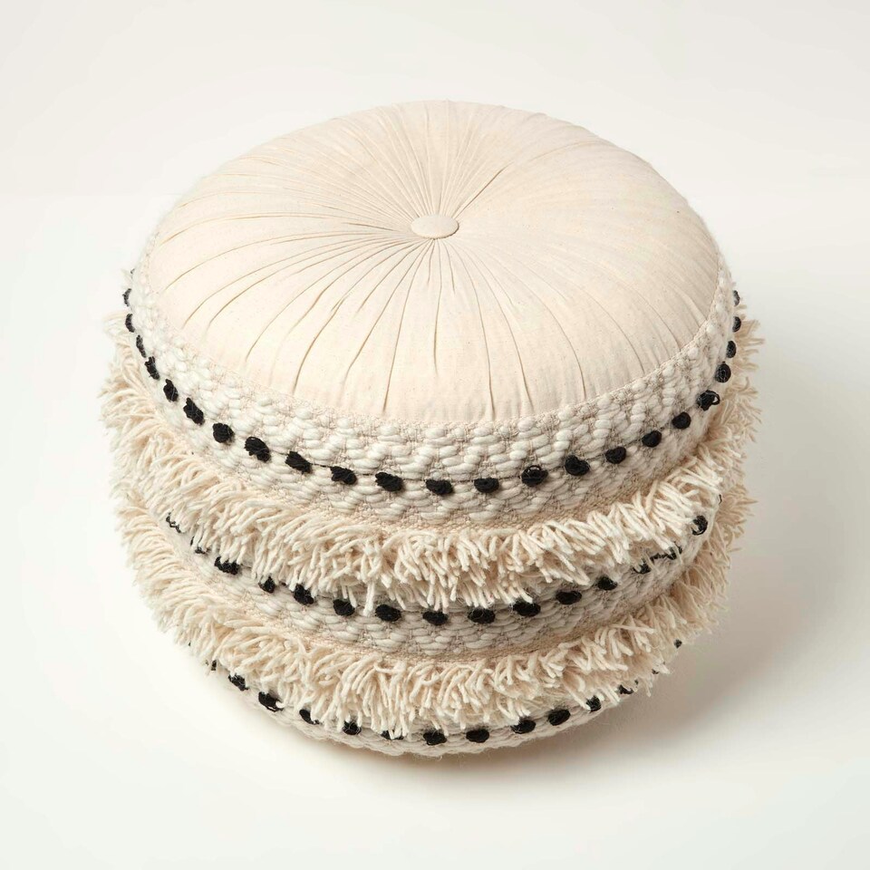 image 1 of Homescapes Sahara Cream & Black Macrame Tufted Boho Pouffe