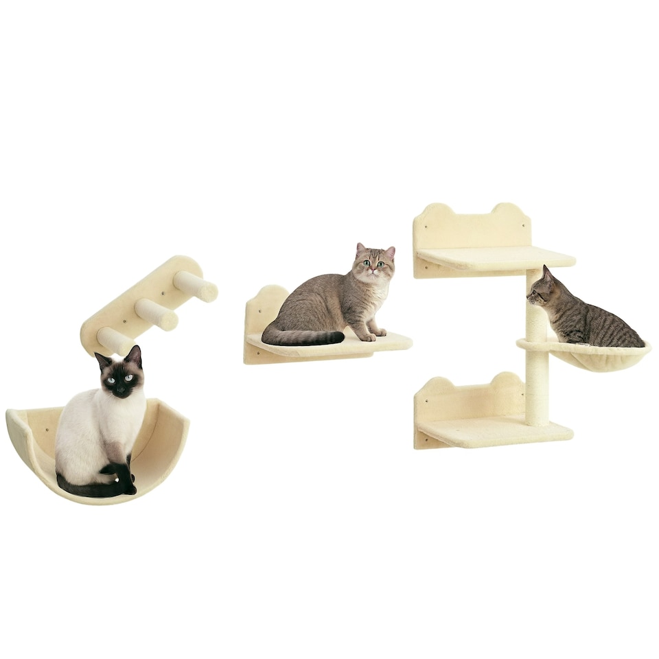 image 1 of PawHut Wall Mounted Cat Tree 4PC Kitten Activity Centre with Sisal, Beige