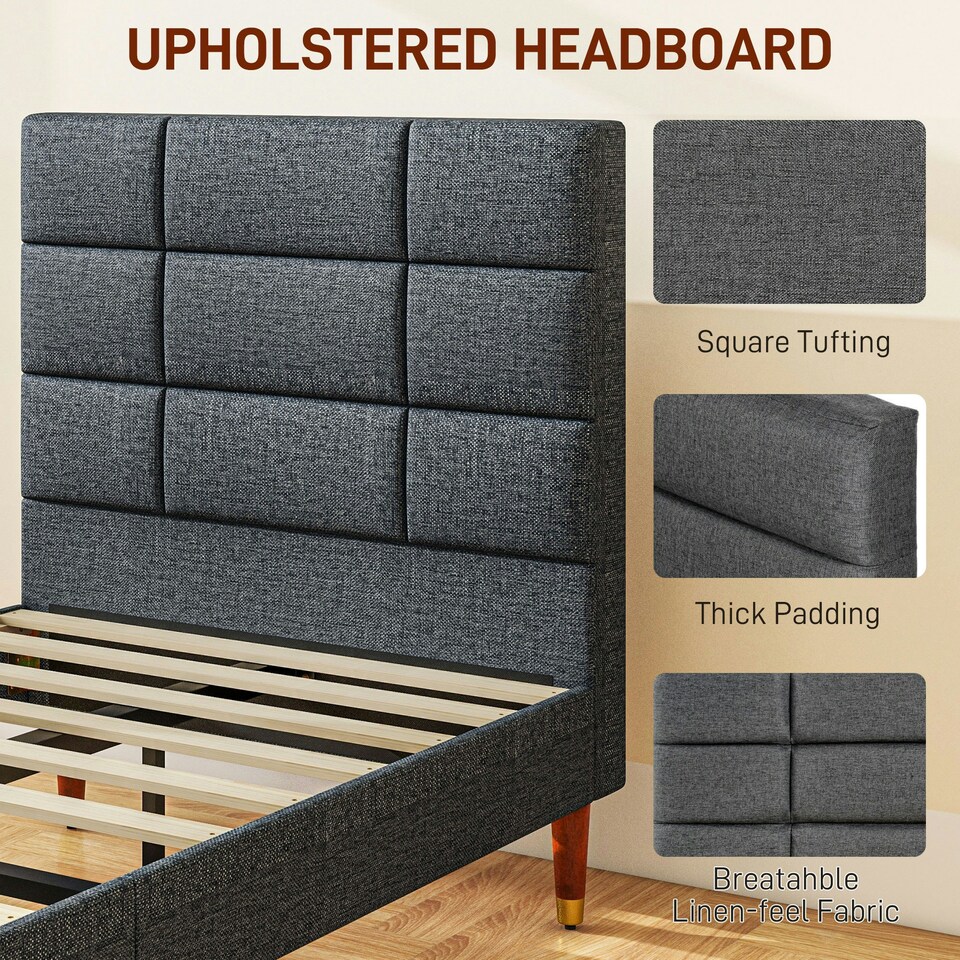 image 1 of HOMCOM 3ft Upholstered Single Bed Frame w/ Wooden Slat No Box Spring Needed