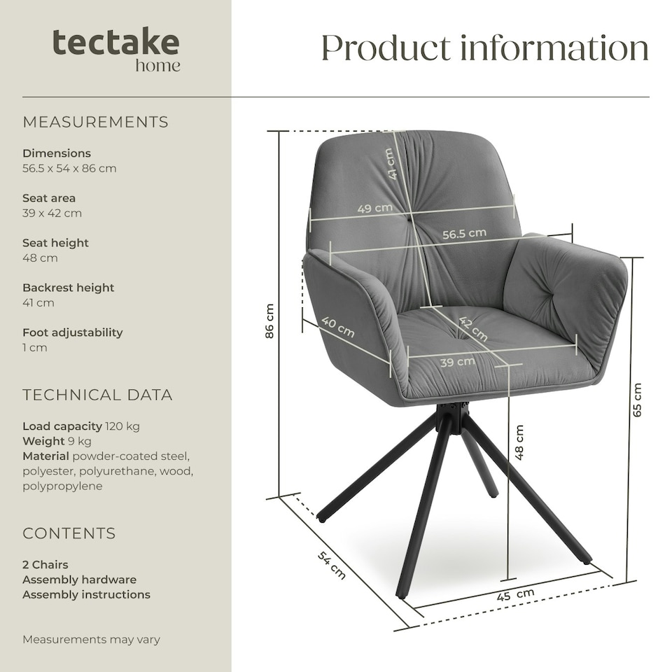 image 1 of Swivel Chair Lenia - upholstered, padded, 56.5 x 54 x 86 cm - Set of 2 Grey | Velvet Look Anthracite/Black