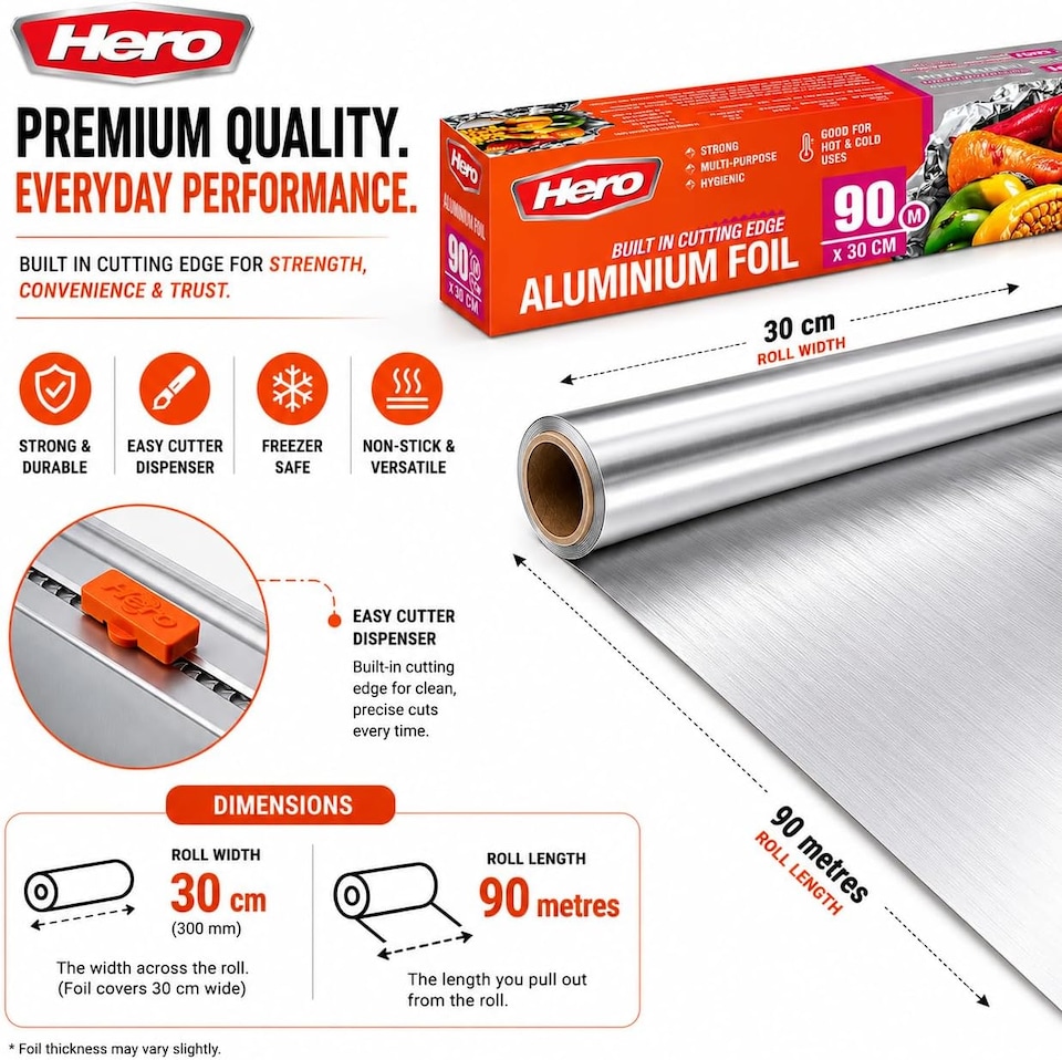 image 1 of Hero Strong Kitchen Foil Roll 90m x 300mm – Premium Aluminium Foil with Easy Cutter Dispenser | Non-Stick Foil for Cooking, Baking, BBQ & Food Wrapping