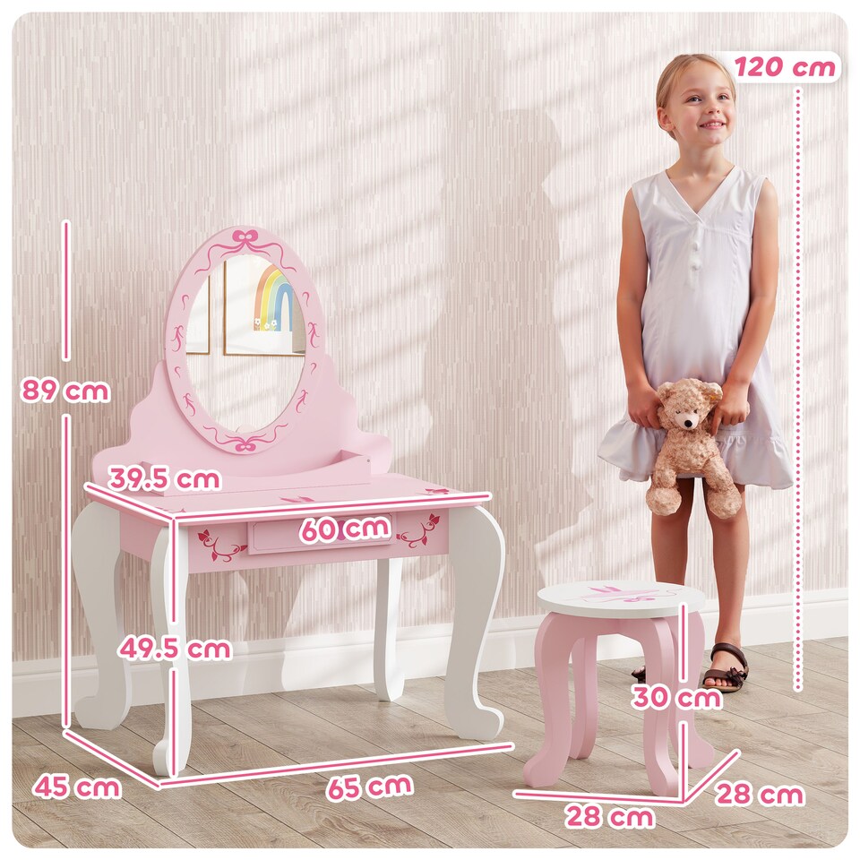 image 1 of AIYAPLAY Kids Dressing Table Set, Two-Piece Children Vanity Table with Stool | Pink