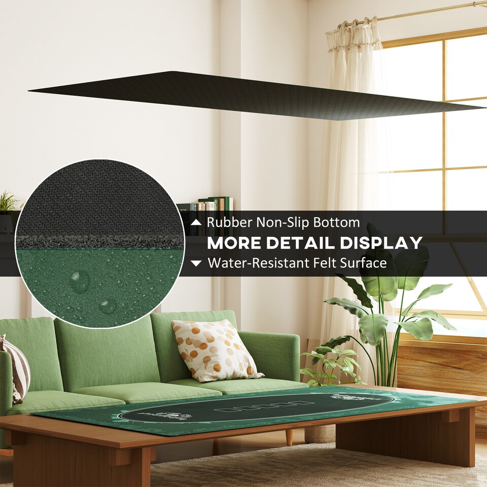 image 1 of SPORTNOW 239.3 x 115.5 cm Professional Texas Hold'em Poker Mat 12 Player Water-Resistant Poker Table Top Rubber Poker Table Mat with Felt Surface Carry Bag, Green