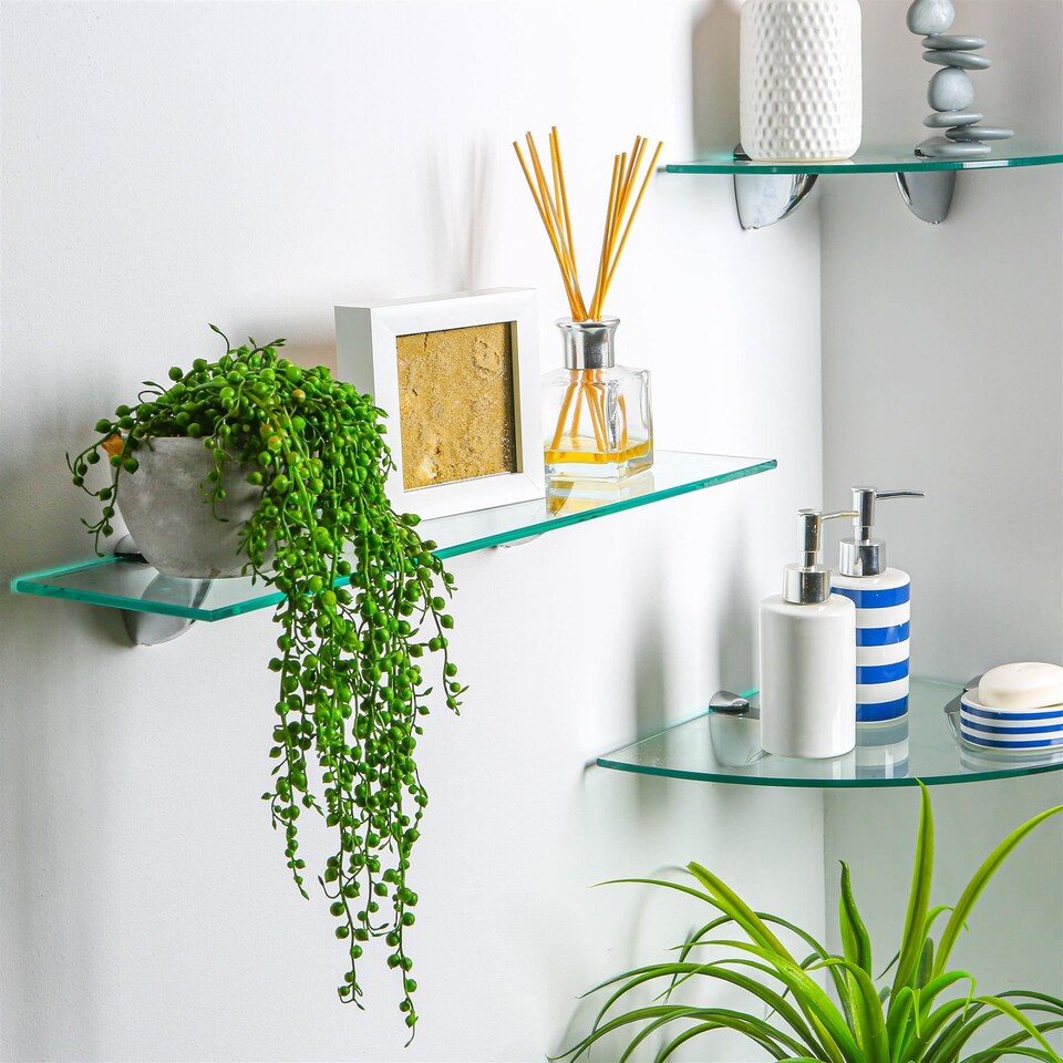 image 1 of Harbour Housewares Floating Glass Shelf - 60cm - Metallic Brackets - Bathroom Shower Storage Vanity Display Unit Shelf | Black | Black | 1