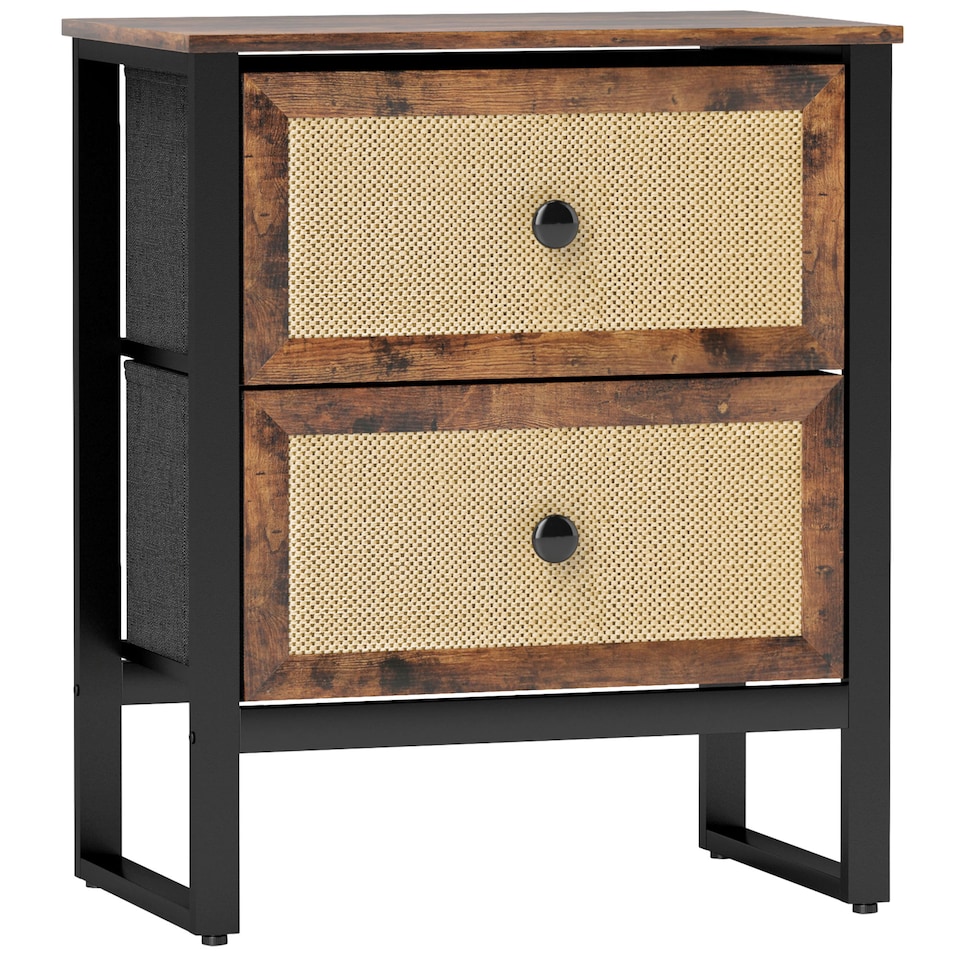 image 1 of HOMCOM Bedside Table, Side Table with 2 Rattan Drawers, Bedside Cabinet with Storage and Steel Legs for Bedroom, Living Room, Rustic Brown
