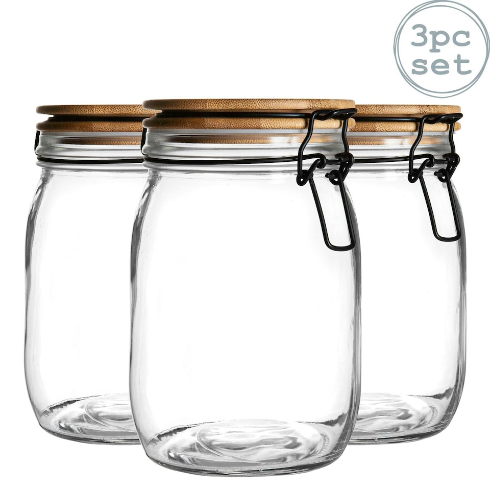 image 1 of Argon Tableware Wooden Clip Lid Storage Jars - 1 Litre - Clear Seal - Pack of 3