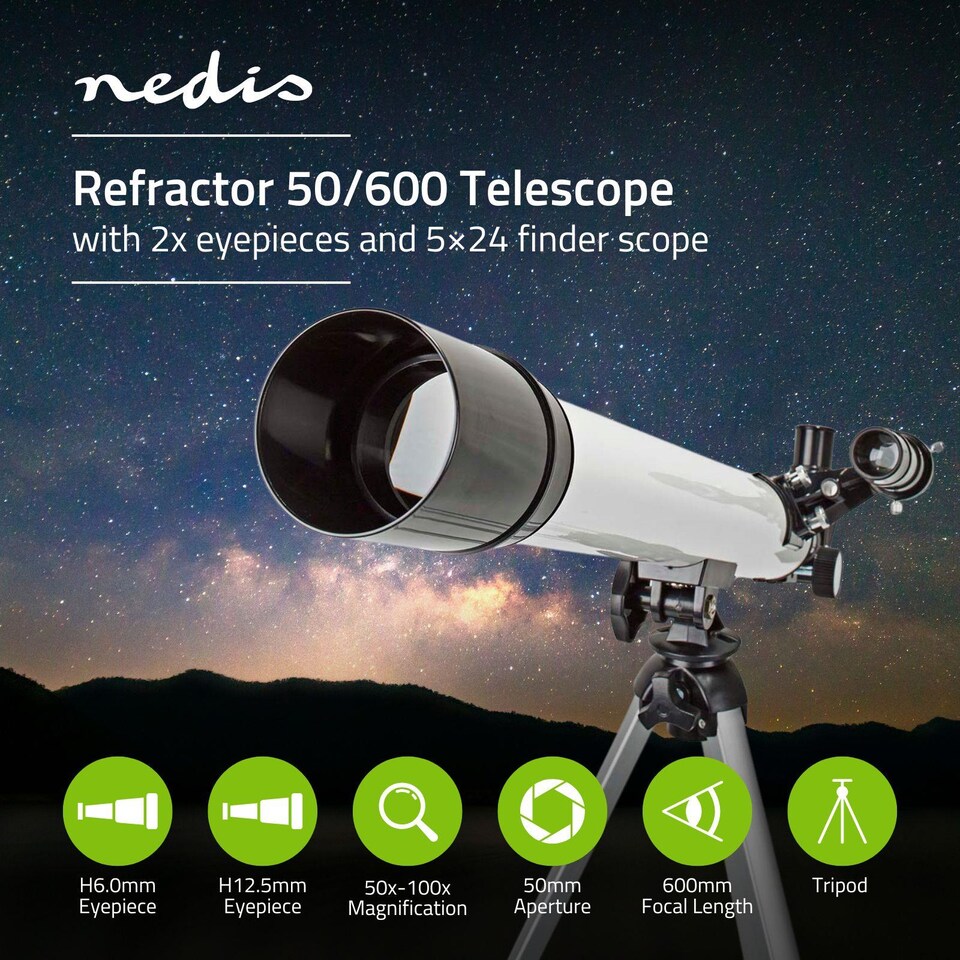 image 1 of Nedis 50/600 Refractor Telescope for Adults, Beginners & Kids, 50mm Aperture 600mm Focal Length (50x-100x), Compact & Portable with Adjustable Tripod, for Astronomy, Stars, Planet and Moon Watching