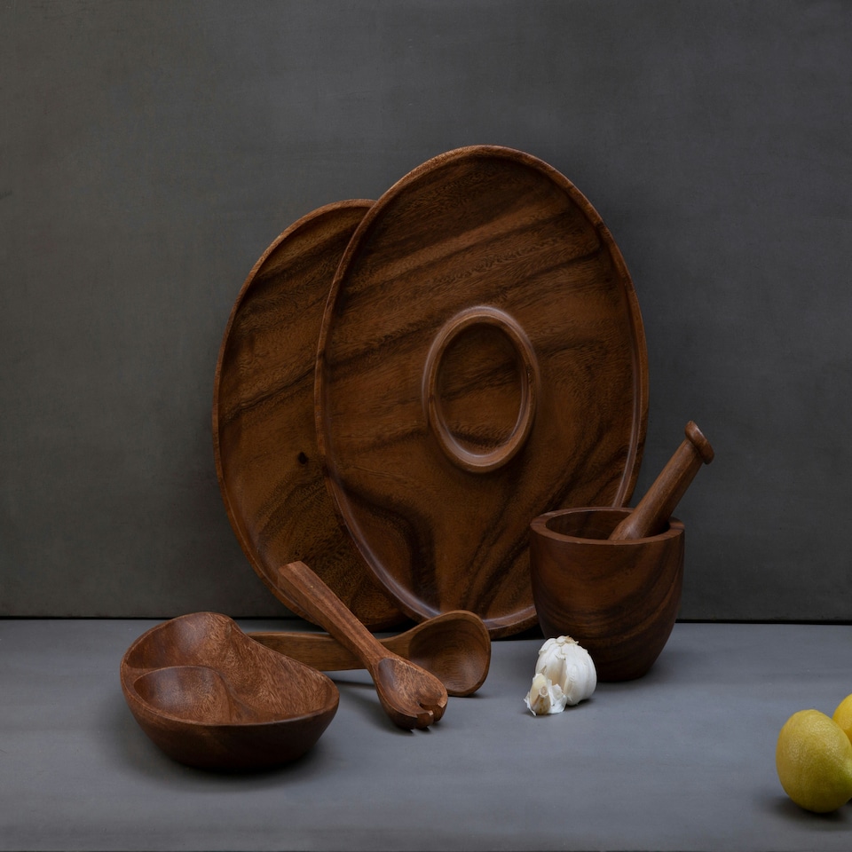 image 1 of Interiors by Premier Acacia Two Section Bean Shaped Dish, Hand Carved Wooden Divided Serving Tray, Rustic Wooden Snack Platter