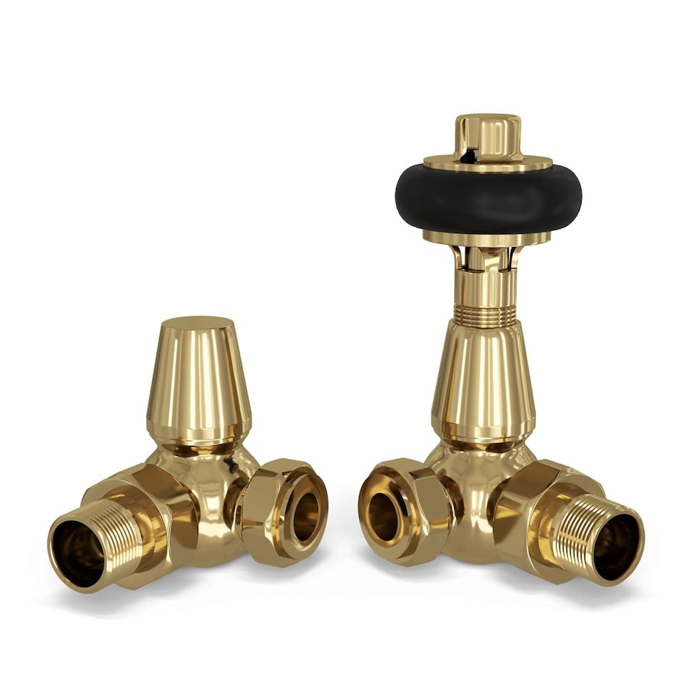 image 1 of Signature Wooden Head - Polished Brass Thermostatic Radiator Valve & Lockshield Corner 15mm