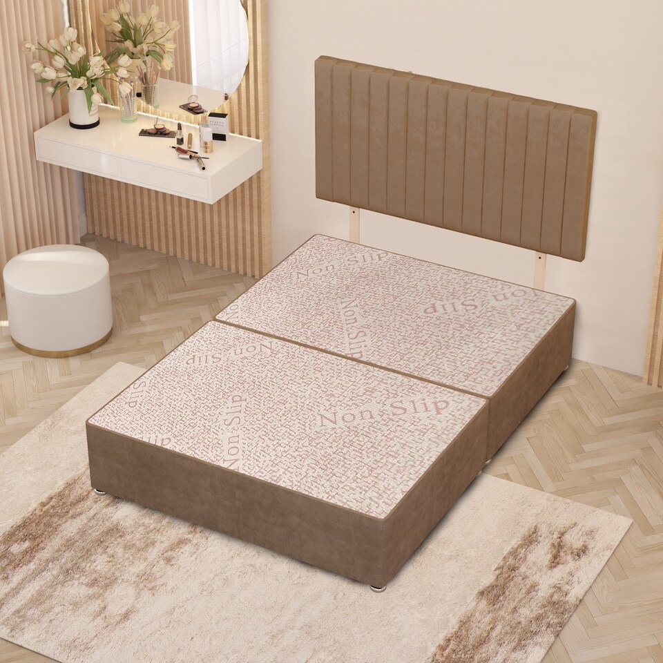 image 1 of Texas Divan Bed Base with 30 Inch Headboard Plush Velvet | Brown | Beige
