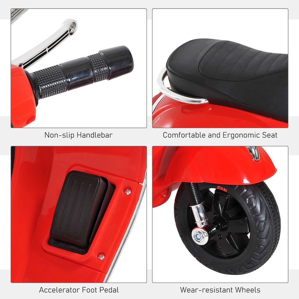 image 1 of HOMCOM Kids Ride On Licensed Vespa Motorcycle 6V MP3 Music LED Lights, Red