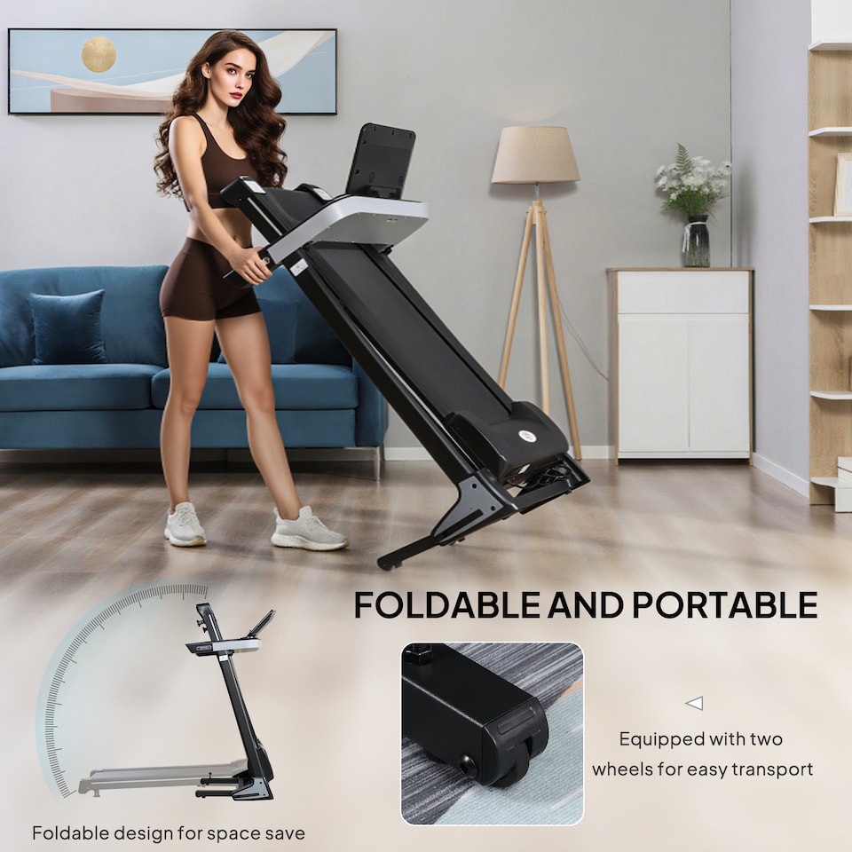 image 1 of HOMCOM 2HP Motorised Treadmill 1-12km/h Folding Frame w/ Wheels Preset Programs | Black | Black