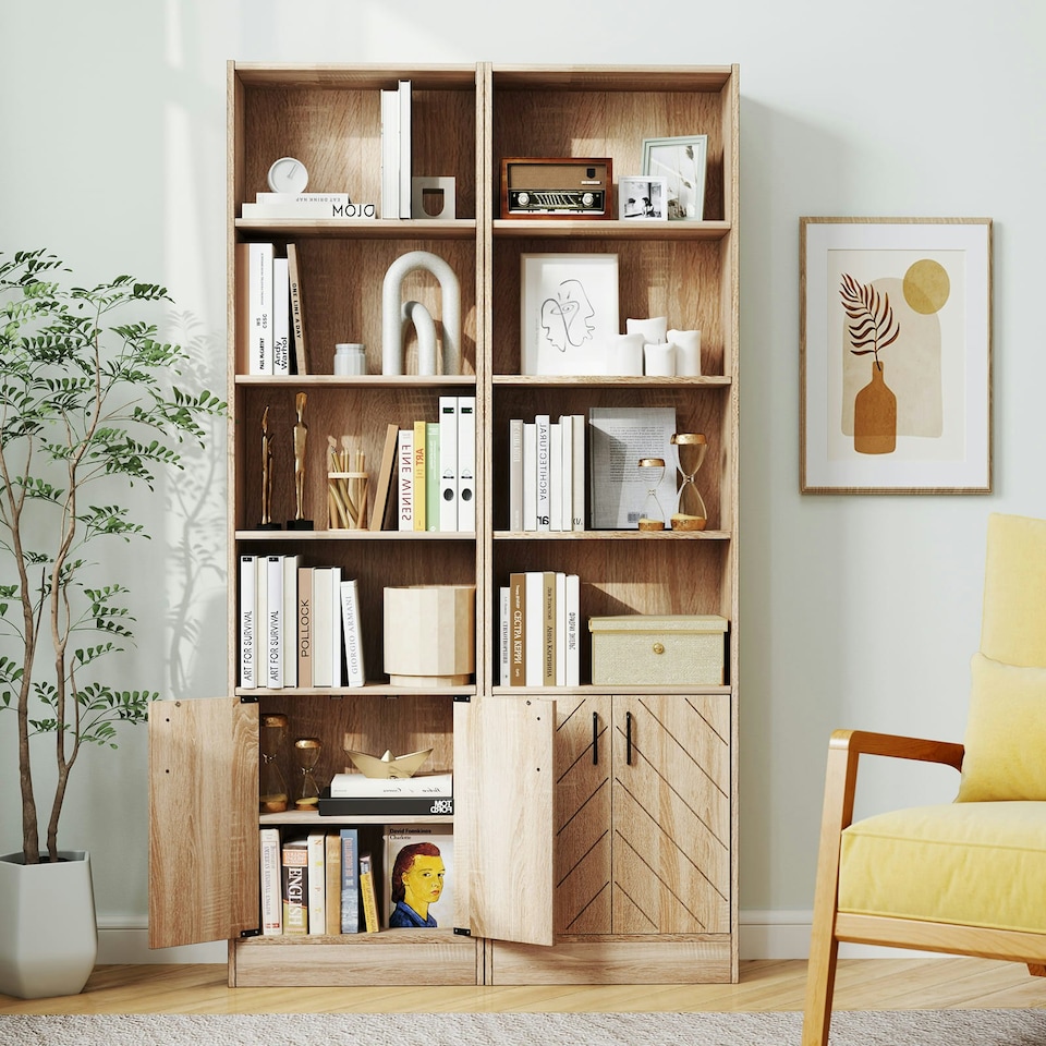 image 1 of COSTWAY 6-Tier Bookshelf Bookcase w/4 Open Cubes Oak Brown