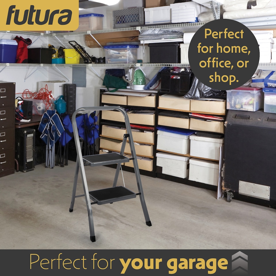 image 1 of Futura 2 Step Ladder Grey, Heavy-Duty Steel Folding Home DIY Step Stool with Wide Non-Slip Steps & Anti Slip Feet 150kg Capacity