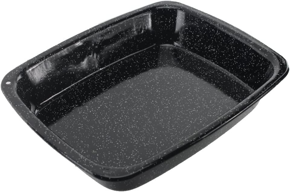image 1 of SPARES2GO Roasting Tin Oven Baking Tray Deep Non Stick Pan Vitreous Enamel White Speckled