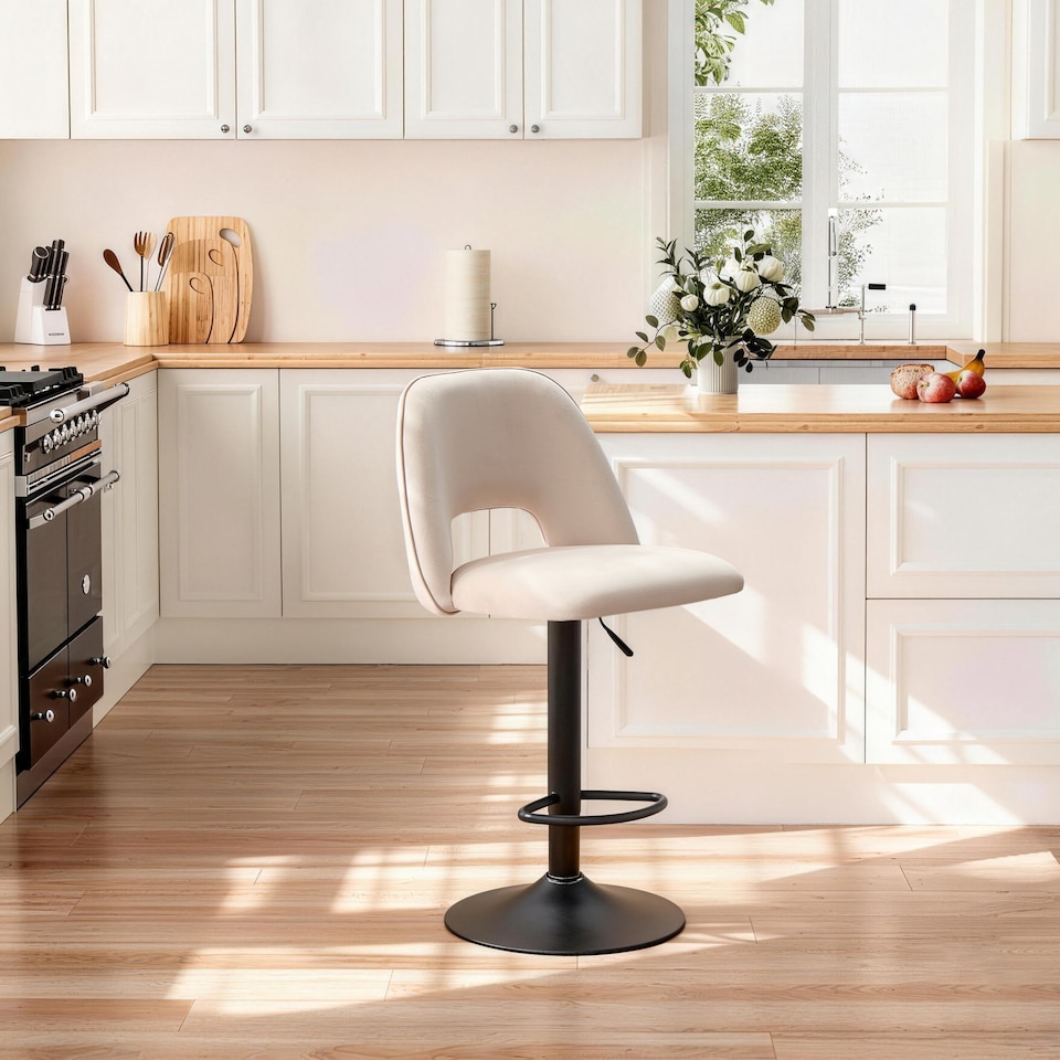 image 1 of SONARA Set of 1 Adjustable Velvet Upholstered Breakfast Bar Stools | White