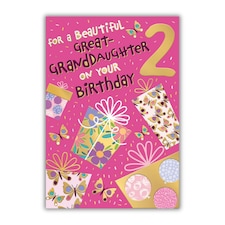 Words 'n' Wishes 2nd Birthday Card for Great Granddaughter, Patterned & Foiled Letters With Presents, Multicoloured, 23.5 x 16.5 cms