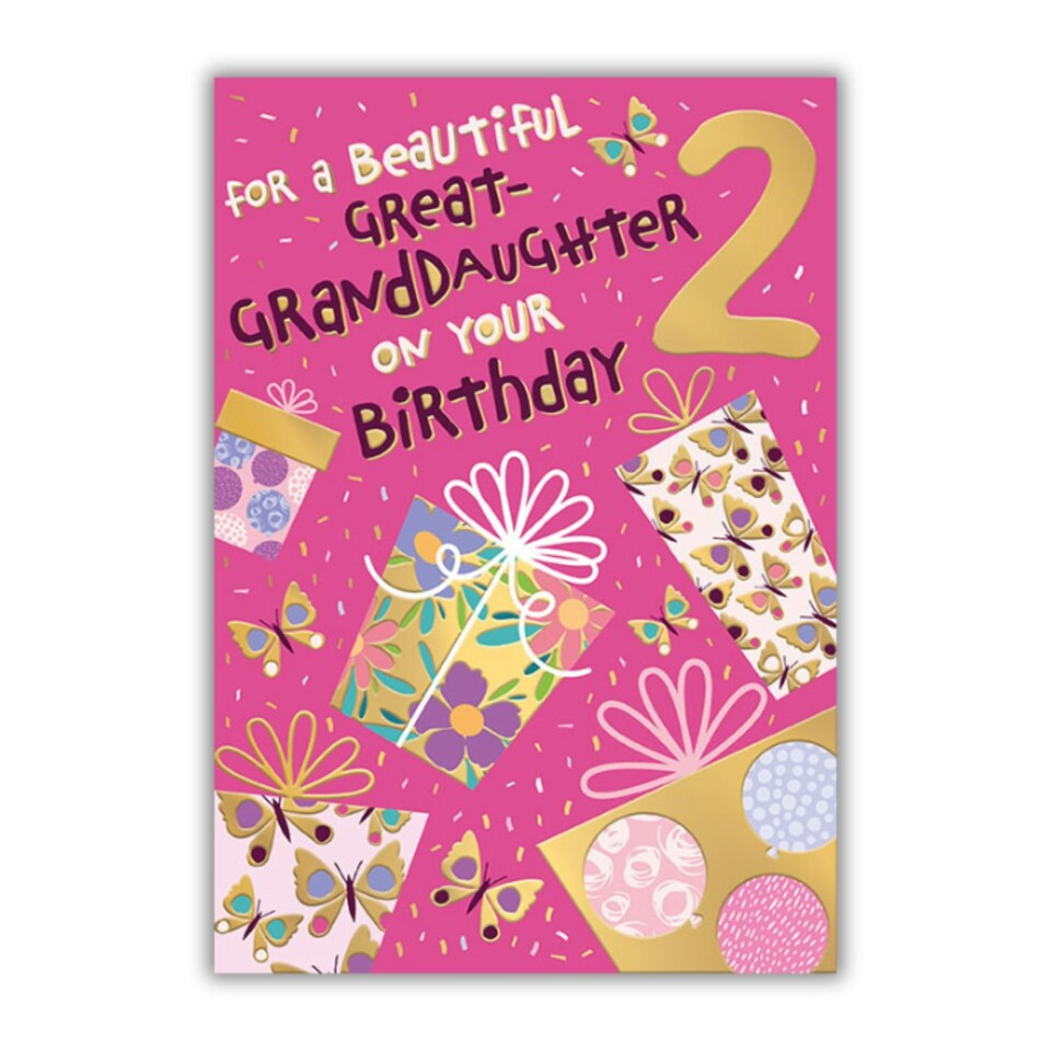 image 1 of Words 'n' Wishes 2nd Birthday Card for Great Granddaughter, Patterned & Foiled Letters With Presents, Multicoloured, 23.5 x 16.5 cms