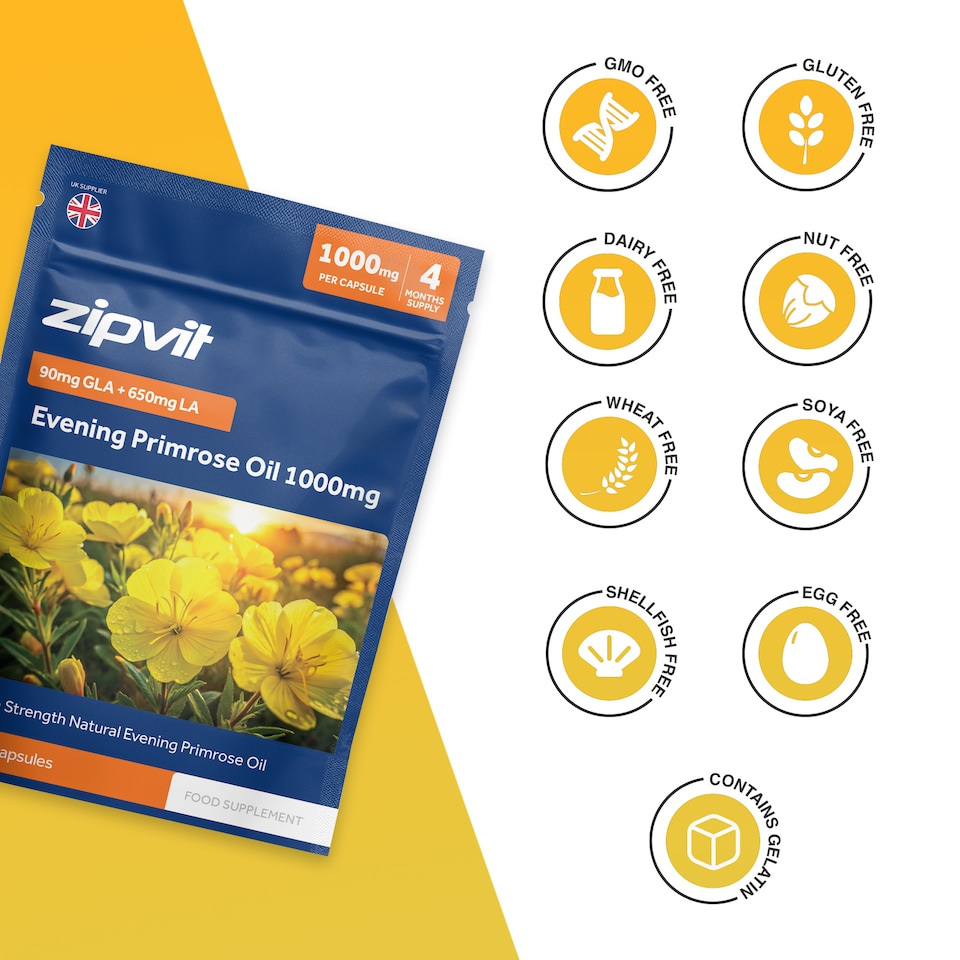 image 1 of Zipvit Evening Primrose Oil 1000mg, Cold-Pressed, High in Omega 6, 120 Capsules, 4-Month Supply