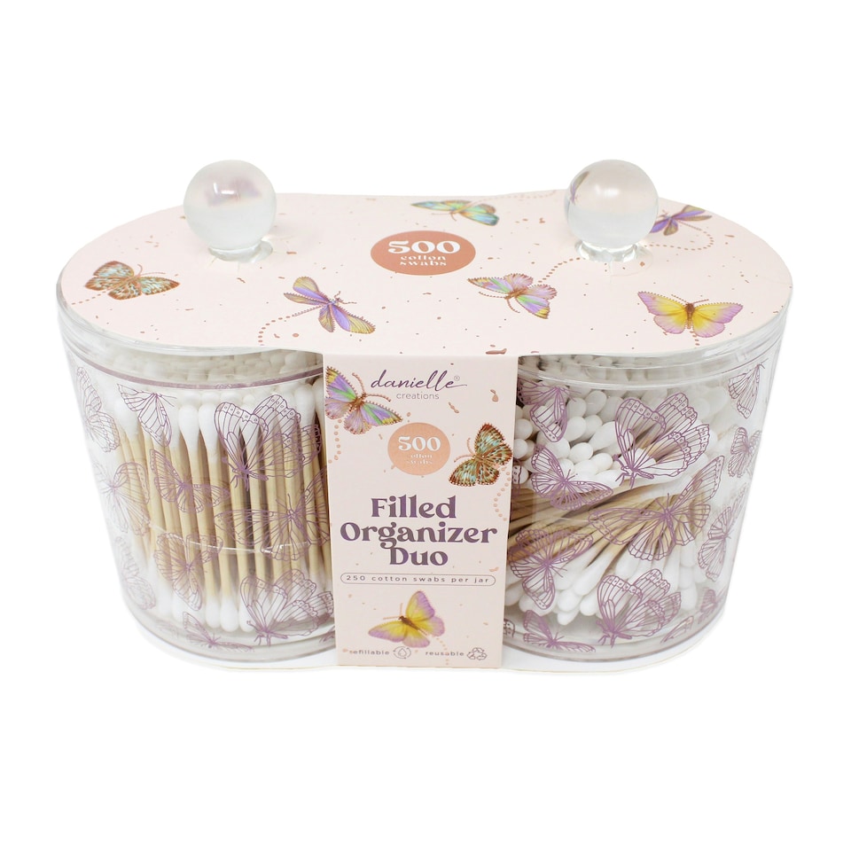 image 1 of Danielle Creations Butterfly Filled Organiser Jars Set of 2 & Cotton Buds