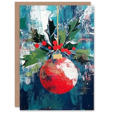 Single Hanging Red Bauble Ornament Holly Painting Blank For Him Or Her Art Christmas Card